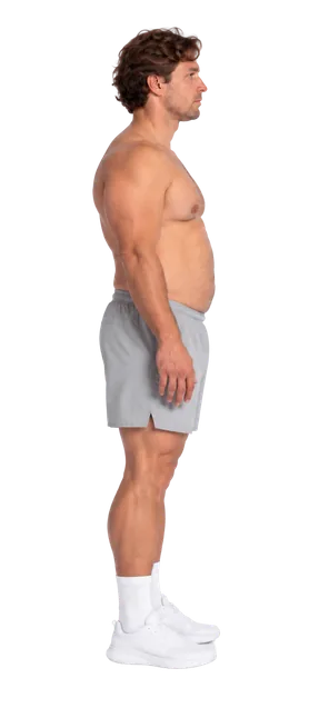 Earlier Proof progress scan: side view of the same man in grey shorts
